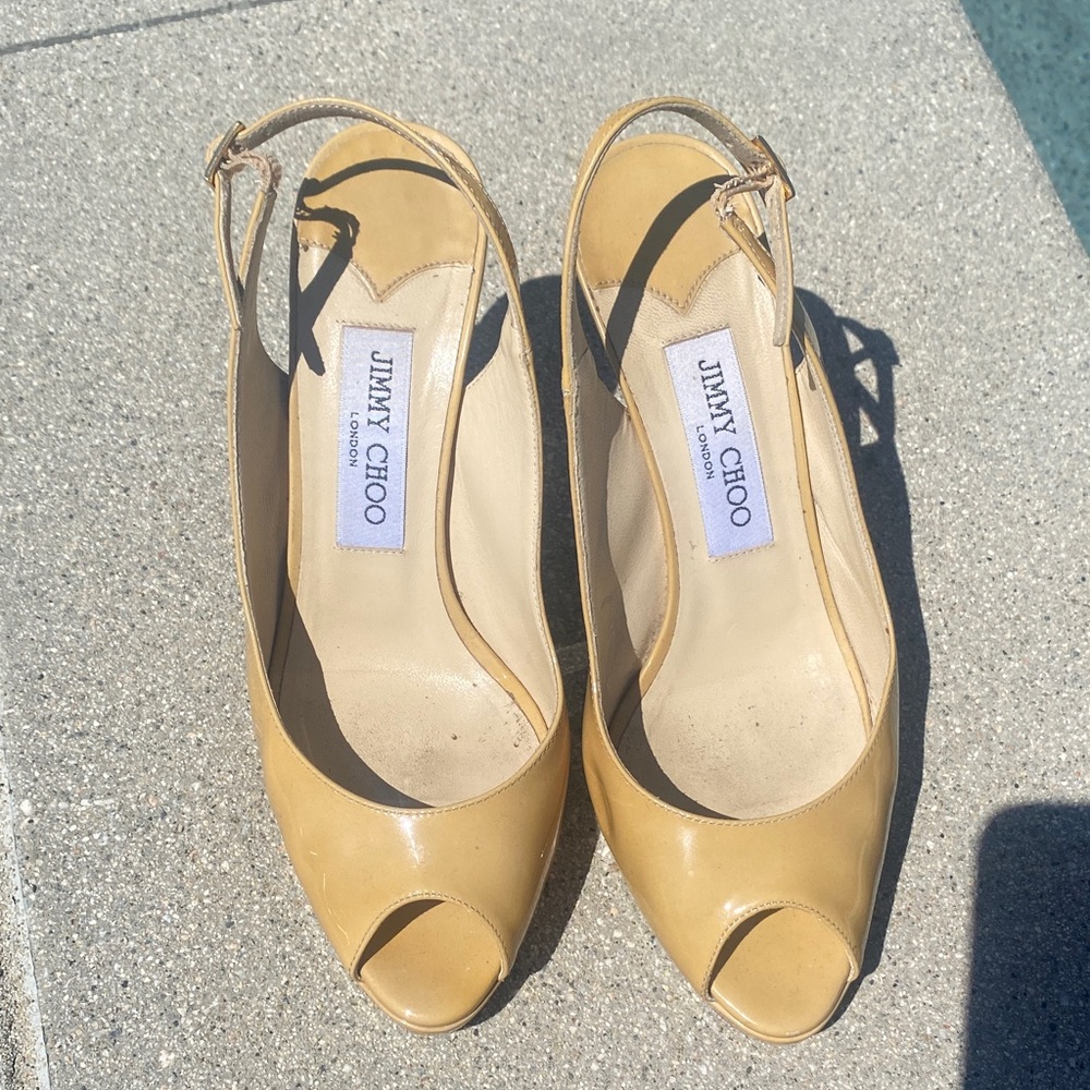Jimmy Choo Beige Peep-Toe Slingback Pumps